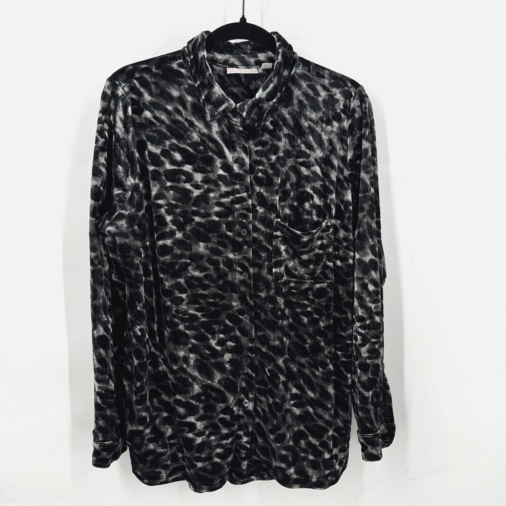 Belle Kim Gravel Velvet Shirt Women M Black Gray Leopard Button Up Mob Wife Y2K
